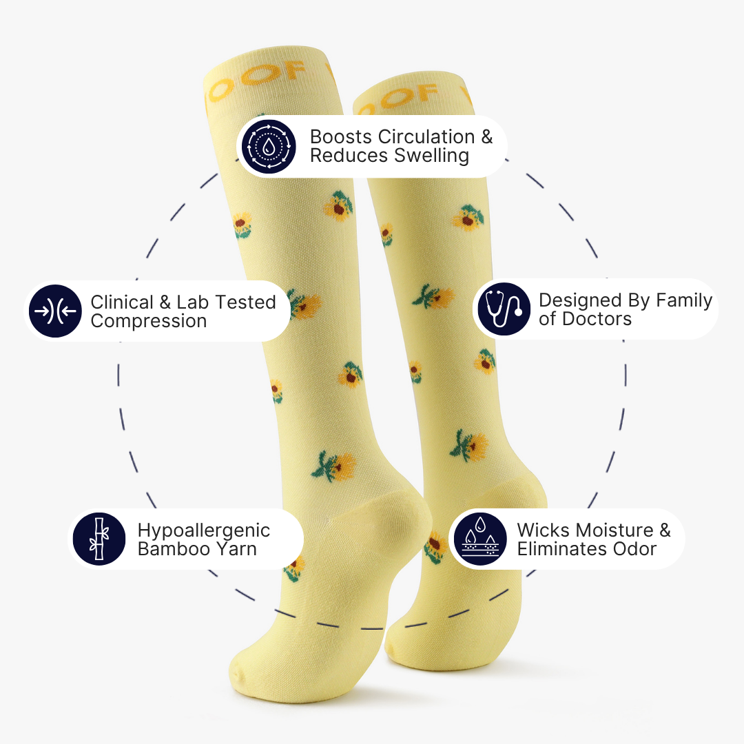 Infographic highlighting key features around light yellow compression socks with sunflower print.
